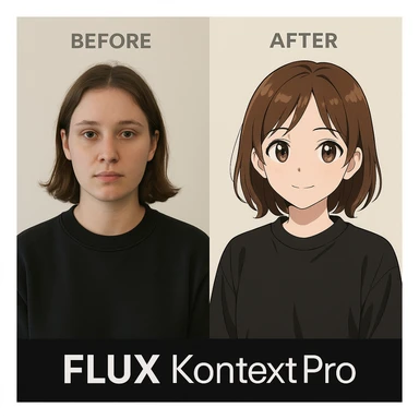 create before after image of a girl before is realsitic photo, after is anime version of her in same pose and clothes, add logo with text of a "FLUX Kontext Pro" sticker