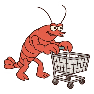 strong lobster pushing a shopping cart, transparent background sticker