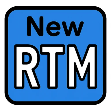enclosed blue square icon with white letters 'New' at the top inside the box and larger white letters 'RTM' in the middle inside the box sticker