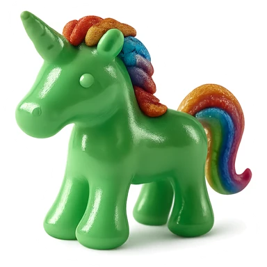 Add a shimmering rainbow mane and tail to the green unicorn-shaped candy, photorealistic style, keep the background transparent. sticker