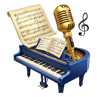 Create an elegant and refined emoji that represents classical or academic vocal performance. The design should feature a microphone, sheet music with musical notes, and a treble clef to symbolize the vocal artistry and music theory behind academic singing. Add subtle elements like a vocal warm-up chart or a grand piano to reflect the classical training. Use classic colors like gold, silver, and deep blue to emphasize sophistication and professionalism. The background should be transparent. sticker
