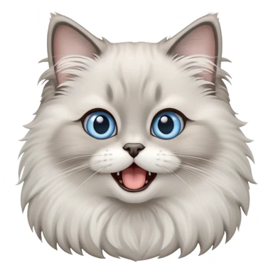 cinematic-adorable-big-eyed-fluffy-grey ragdoll-cat-portrait-emoji,-head-tilted-playfully-with-a-cute,-yawn,-white and grey fur,-simplified-yet-irresistibly-cute-features, blue eyes sticker