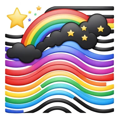 Wavy black rectangle with white stars in the corner and six horizontal rainbow stripes separated by thin black lines sticker