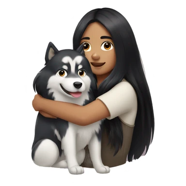 girl with long black hair hugging a husky sticker