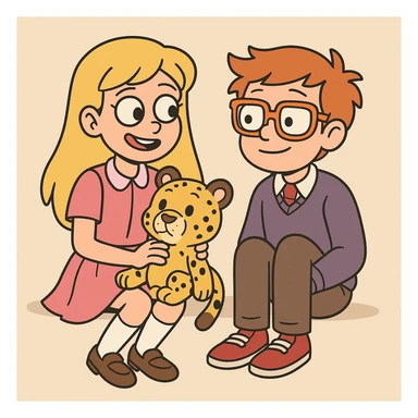 A Girl yellow hair Baby dresses pink school uniform white knee highs sock brown loafer girls shoes plushie Cheetah a boy orange glasses with shirt pjumper purple a pink red tie shoe sticker