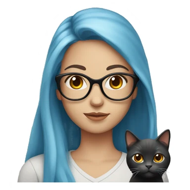 A girl with long red hair, with blue eyes, light skin, black glasses, holding an all grey cat  sticker