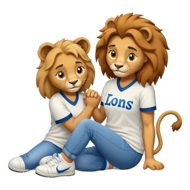 friendly anthropomorphised female lion wearing a baseball shirt, jeans, and trainers, on her hunches, comforting a friend sticker