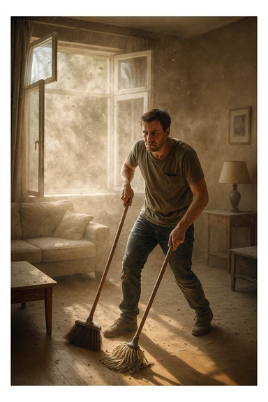 A realistic, cinematic image of a person cleaning a living room with a mop and broom, windows wide open letting in a strong gust of wind. Through the open windows, thick clouds of dust, pollen, and small debris visibly swirl into the room, floating in sunbeams that highlight the particles in the air. The person looks frustrated and tired, mid-action sweeping but clearly battling the incoming dust. Around the room, some furniture and surfaces already show a thin layer of dust settling. The scene is bathed in natural daylight with a slightly hazy atmosphere due to the airborne dust. The color palette uses warm, muted tones emphasizing the contrast between cleanliness efforts and the stubborn dirt and dust invading the space. The focus is on the tension between trying to clean and the unavoidable mess coming in from outside. sticker