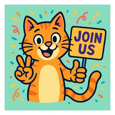A cartoon cat with expressive paws forming hand signs, next to a sign that reads 'Join us', cheerful and welcoming, colorful and fun style. sticker