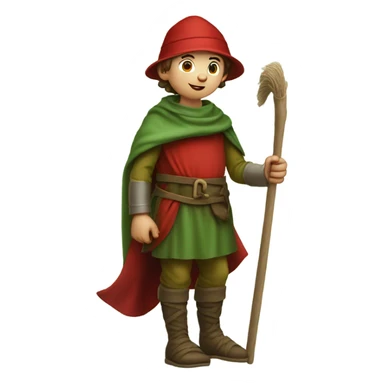13th century European pilgrim boy with staff, red stockings, short green tunic and green hat, saying ok! sticker