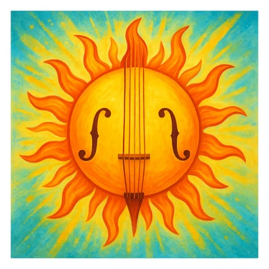 A summer sun with cello strings and f-holes, blending musical and sunny elements, vibrant and creative. sticker