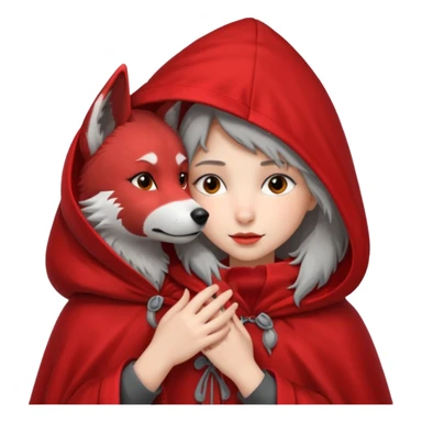 Niña del cuento de caperucita roja acariciando la cabeza de un lobo macho sticker