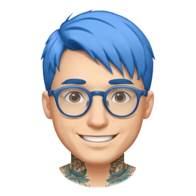 smiling man with blue hair, glasses, tattoo sticker