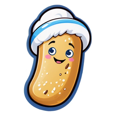 A smiling Twinkie, full of cream coming out of it with a blue towel over its eyes and head sticker