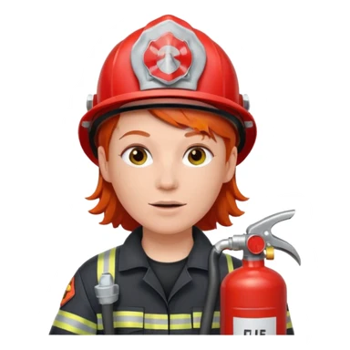 red haired Firefighter with respiratory protection with fire extinguisher sticker
