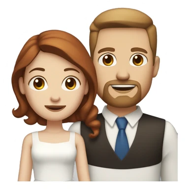 a white man with blue eyes, medium length light brown hair, goatee, and a girl with dark red hair, brown eyes, married sticker