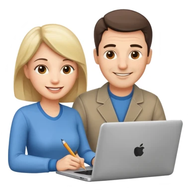 a middle aged man and a womanlooking at laptop and writing and smiling sticker