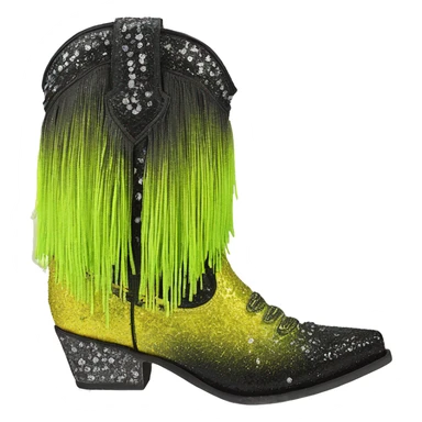 Realistic short neon yellow to black ombre fashion cowgirl boot with sparkly shiny glitter fringe on them. sticker