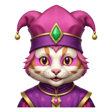 court jester cat medieval, single poker card joker clearly visible, pink, face only, court jester cap sticker