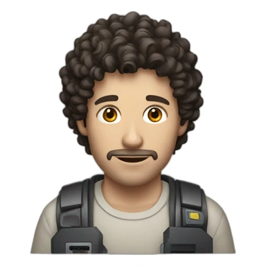 white man with short dark curly hair playing a computer game sticker