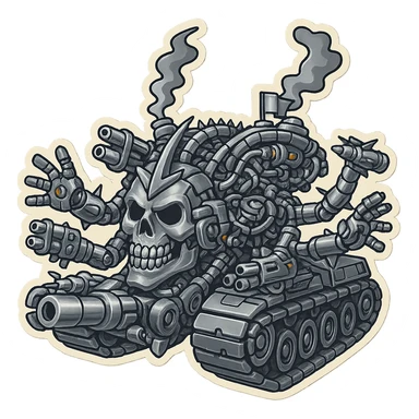 Edit the skull robot tank to have 4 distinct arms, shiny silver metal texture, more weapons, in a retro stickers style with clean outline and minimal color accents, transparent background. sticker