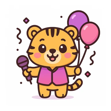 cute cartoon-style male tiger mascot with neotenic features: large round head, big shiny eyes, small nose and mouth, short arms and legs, chubby body, smiling happily, standing upright, wearing a purple and fuchsia vest or shirt, holding both balloons and a microphone, surrounded by soft party elements like confetti, bold outlines, soft colors purple to fuchsia gradient, gold accents, white, clean vector style, extremely cute, evokes tenderness, plain white background sticker