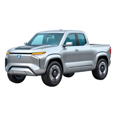 A futuristic electric pickup truck emoji, silver chrome body, angular cyber design, smooth metallic panels, subtle reflections, minimalistic proportions, iOS emoji style, centered composition, clean white background, soft lighting sticker