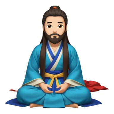 Beautiful man with lightly tan skin and dark long beard, long hair, in Hanfu sitting on the ground sticker