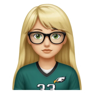 long blonde hair with bangs black rectangle glasses female green eyes football player wearing eagles jersey number 33 sticker