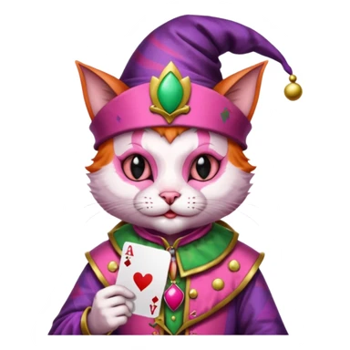 court jester cat medieval, single poker card joker clearly visible, pink, face only, round badge, court jester cap sticker