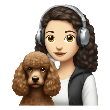 White girl, dark long straight hair in headphones with brown poodle sticker