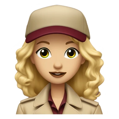 Blonde girl green eyes wearing beige trench coat and burgundy baseball cap written Paris on it  sticker