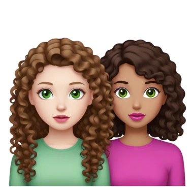 A girl with curly light Brown long hair with pale skin and pinks lips with green eyes. Next tò her there's a girl with long dark Brown hair with tan skin, Brown eyes and dark Pink lips. They both have a White top.  sticker