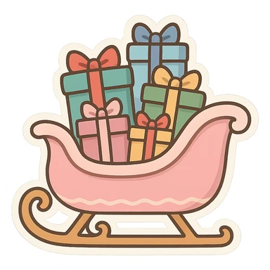 light pink Christmas sleigh piled with colorful gift boxes, cartoon style sticker