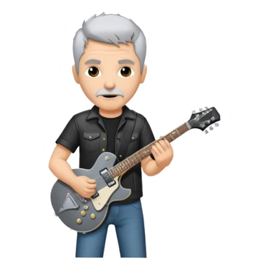 a short grey hair with no beard, middle age metal head with a classic epiphone eletric guitar sticker