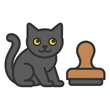 Add color to the black cat, keeping the style clear and playful, with a dark gray or black cat and natural stamp colors, no background. Maintain the original style's clarity and playfulness. sticker