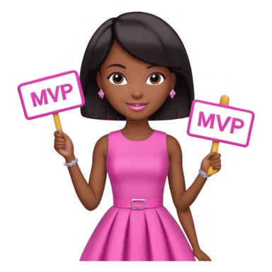 Black barbie, short  black bob  hair, pink dress with a sign that says mvp sticker