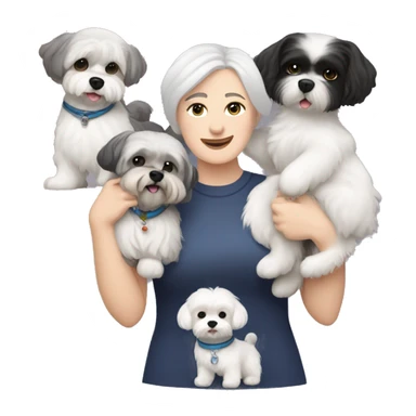 Caucasian women with short grey hair holding two dogs one black shih tzu and one white bichon frise sticker