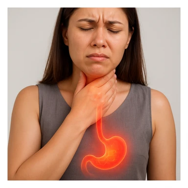 Realistic medical style image of a woman identical to the reference photo, hand on throat, expression of burning sensation, with a glowing or reddish effect rising from the stomach to the esophagus. sticker
