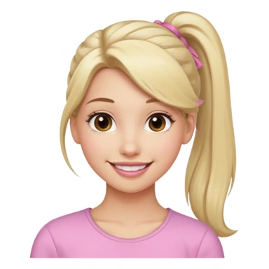 a cute woman like a barbie is smiling, her hair is long, blonde and half ponytail, her eyes color are brown and the color of her lip is soft pink sticker