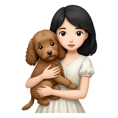 One girl with medium long black hair dressing white dress , hugging One little brown coated labradoodle. sticker