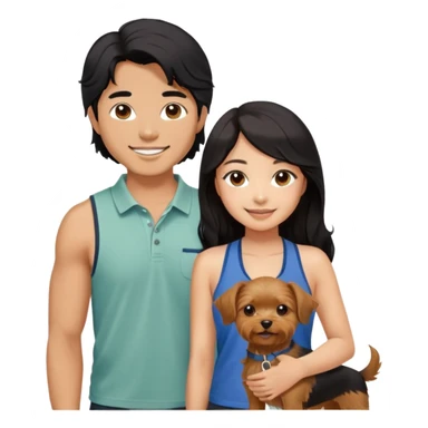 A pretty Asian girl with long, luscious wavy black hair (loose, no hair tie), wearing a sleeveless halter top, standing beside a brown skinned man with a middle part haircut who is wearing a polo shirt. They are both smiling and holding a small Yorkshire Terrier together sticker