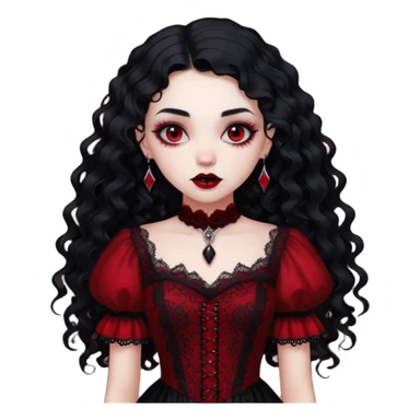 A girl with a red goth vampire look in a blck and red goth lace dress long black curly hair  sticker