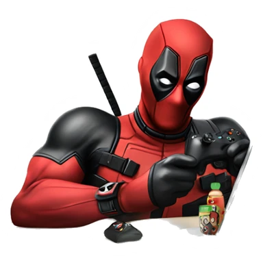 Deadpool holding xbox controller sitting at a desk, front view sticker