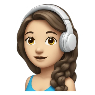 brunette white girl with long hair blue eyes listening to music with her phone in her hand with white wired headphones  sticker
