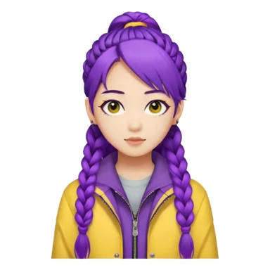 kpop hunters Rumi purple hair one large braid, asian, yellow jacket and wearing eyeliner sticker