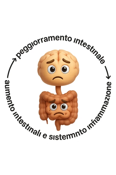 EMOJI STILE IPHONE 3D DI un cerchio con queste scritte che girano intorno "stress → peggioramento intestinale → aumento infiammazione → peggioramento sintomi intestinali e sistemici." al centro del cerchio metti un cervello e intestino umani collegati verticalmente con espressione dubbiosa in volto, FALLO MOLTO REALISTICO IN 3D sticker