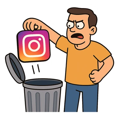 simple and bold Instagram logo being thrown into a trash can, flat design sticker