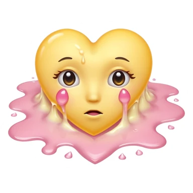 A pastel-yellow heart melting into soft pink tears, curled on a clouded floor under warm sunrise light. sticker