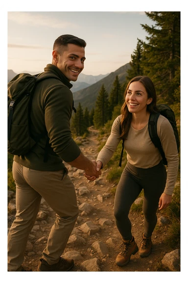 a man and woman climb a mountain trail together, the man leading but frequently looking back to ensure the woman is comfortable and supported. The woman follows with determination and a smile, symbolizing trust, encouragement, and the value of supportive leadership within a relationship. sticker